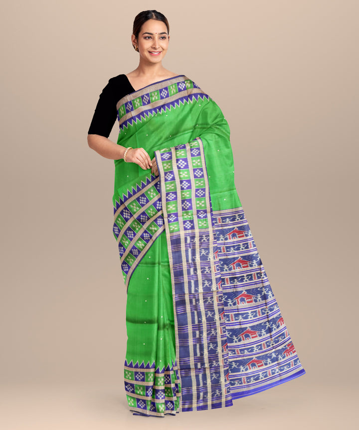 Dark green air force blue silk handloom khandua saree