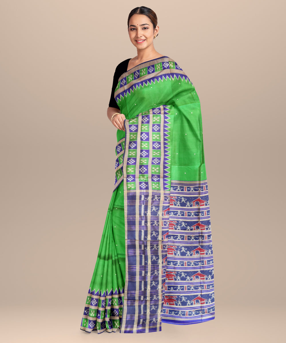 Dark green air force blue silk handloom khandua saree
