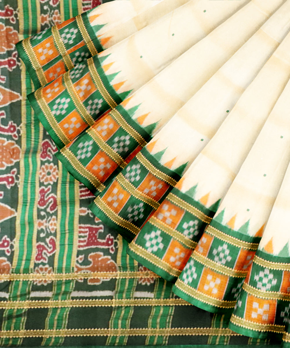 Cream dark green silk handloom khandua saree