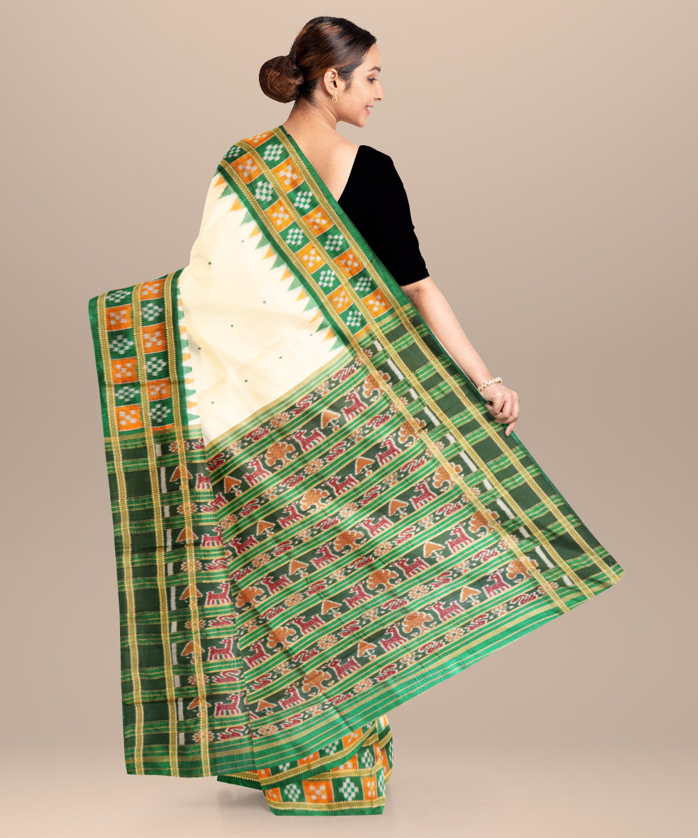 Cream dark green silk handloom khandua saree