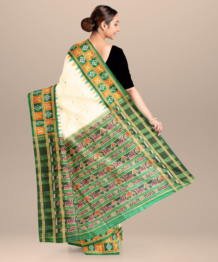 Cream dark green silk handloom khandua saree