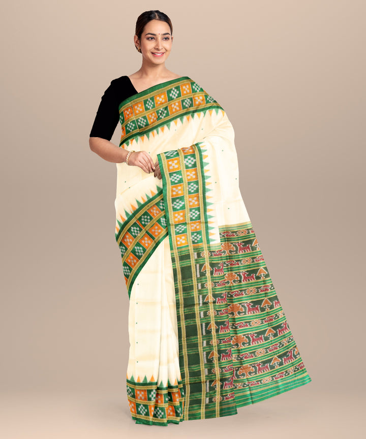 Cream dark green silk handloom khandua saree