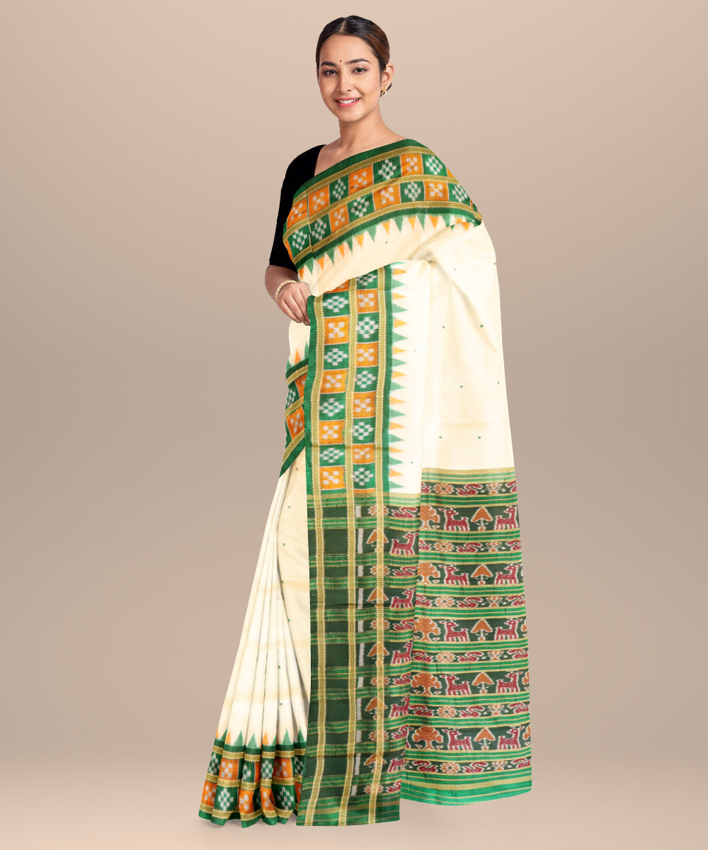 Cream dark green silk handloom khandua saree