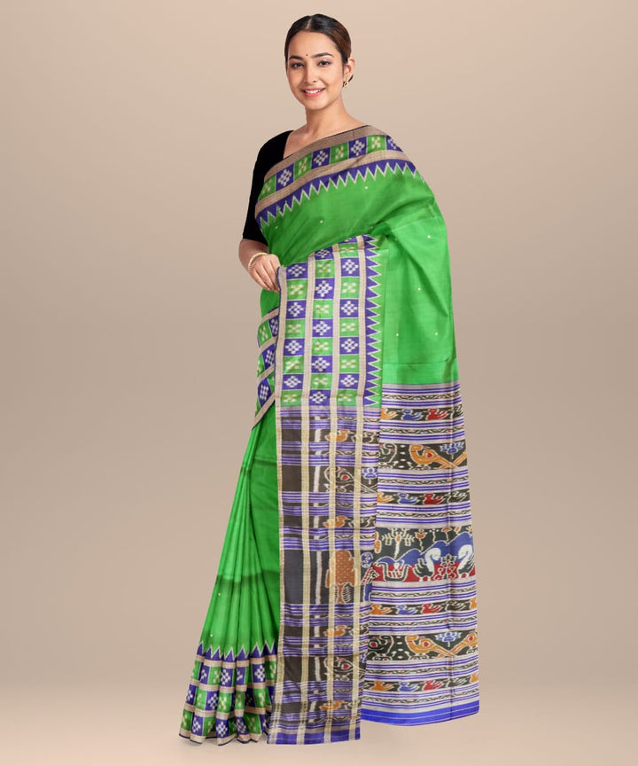 Dark Green Dark Blue Silk Handloom Khandua Saree