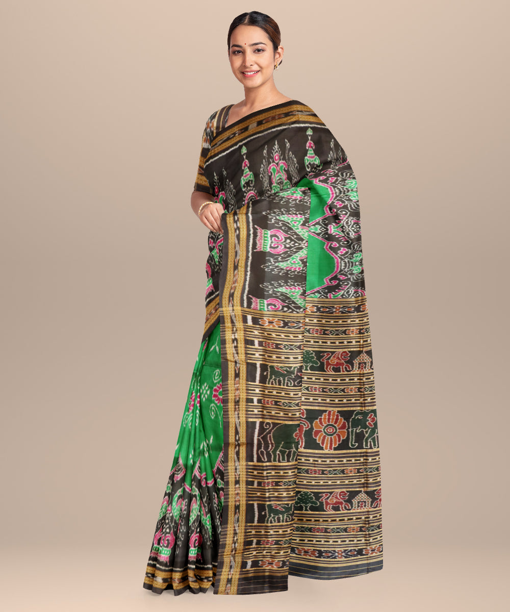 Dark green black handloom patli silk khandua saree