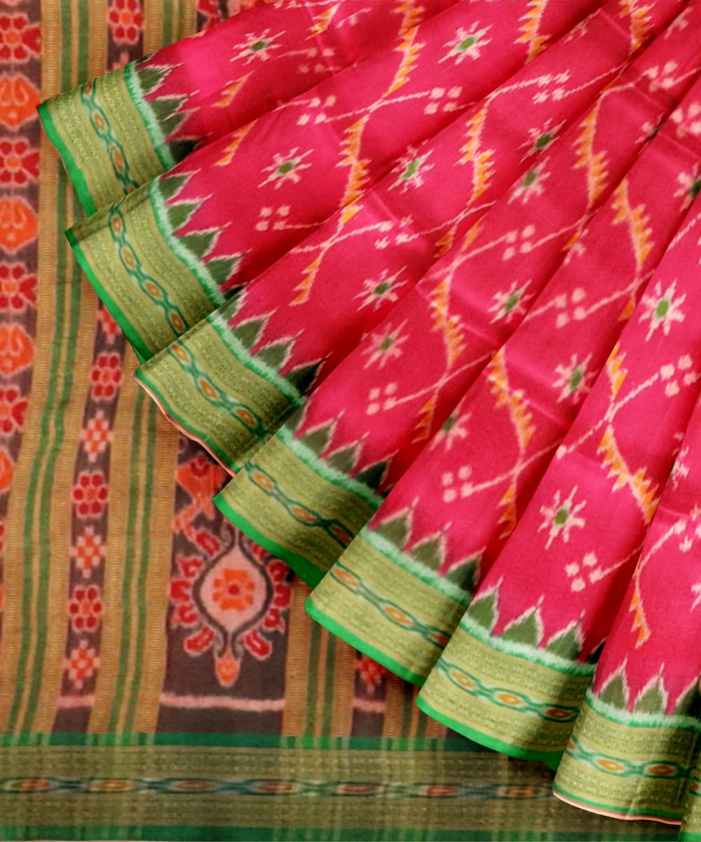 Pink Deep Green Silk Handloom Khandua Saree
