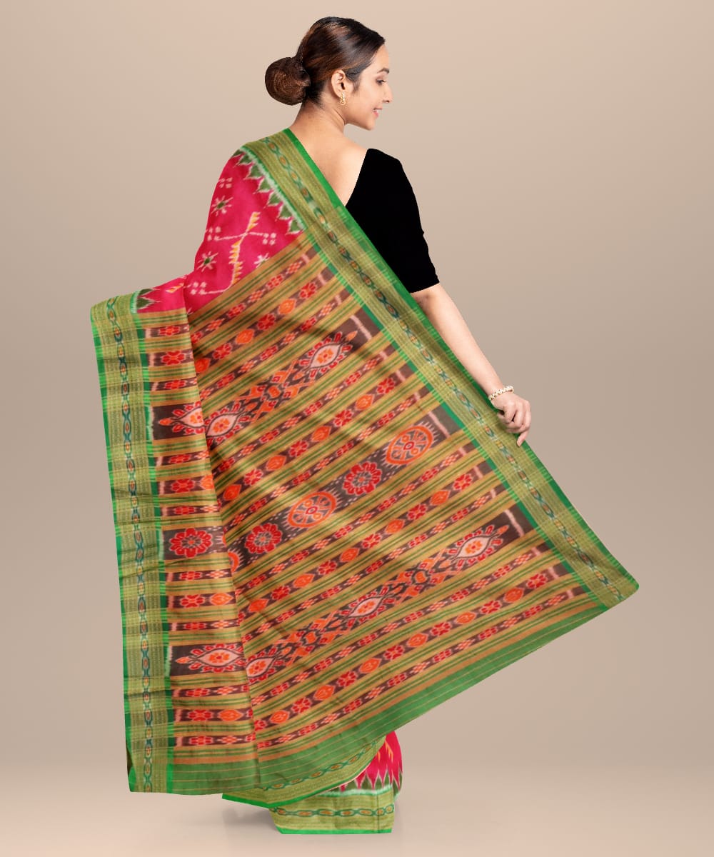 Pink Deep Green Silk Handloom Khandua Saree