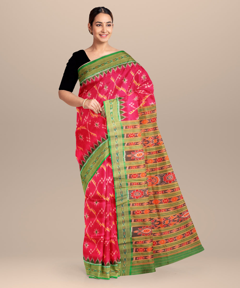 Pink deep green silk handloom khandua saree