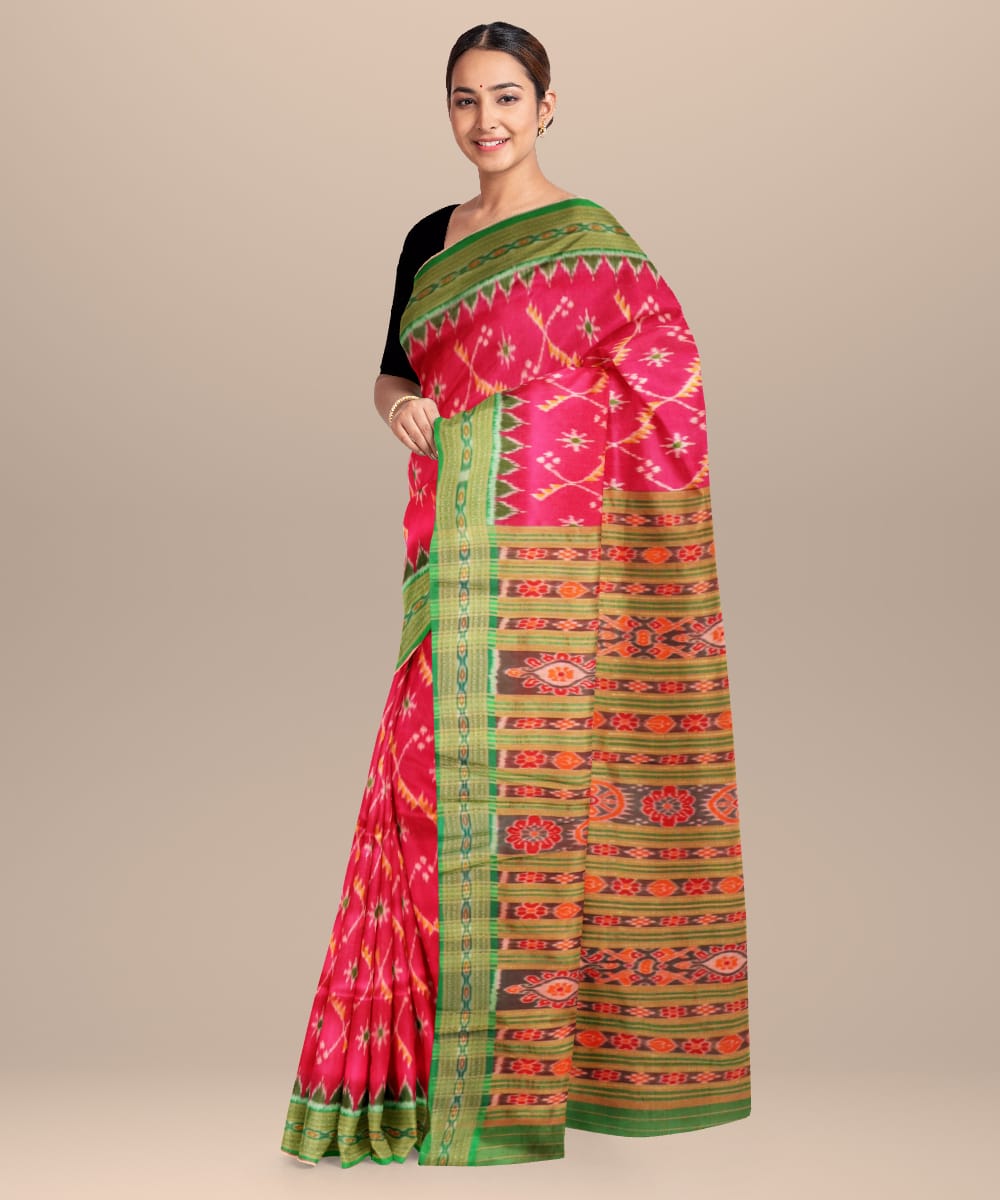 Pink Deep Green Silk Handloom Khandua Saree