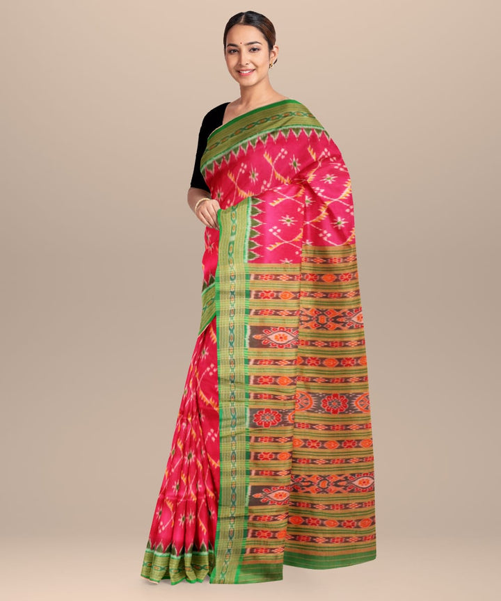 Pink Deep Green Silk Handloom Khandua Saree
