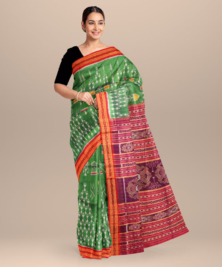 Dark green dark red handloom khandua silk saree