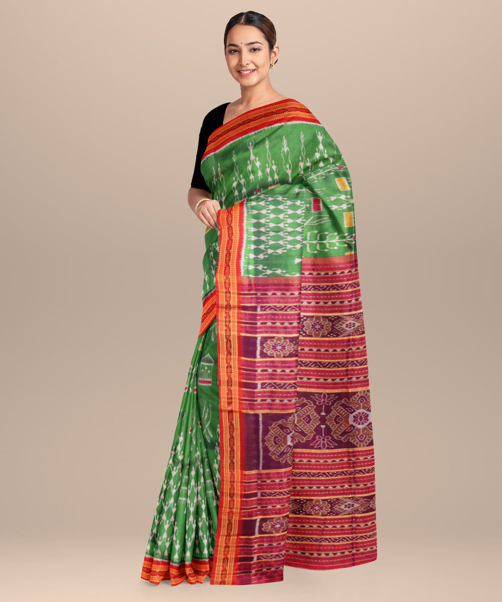 Dark green dark red handloom khandua silk saree