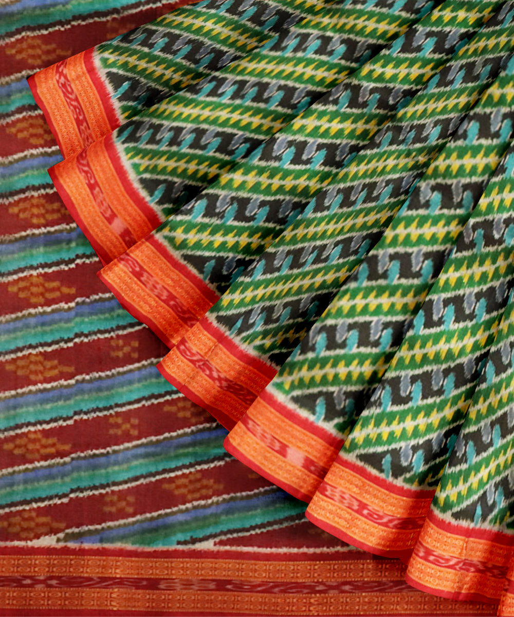 Dark green dark red handloom silk khandua saree