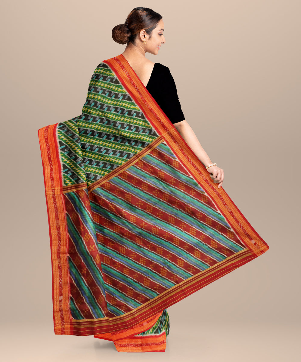 Dark green dark red handloom silk khandua saree