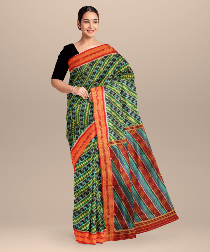 Dark green dark red handloom silk khandua saree