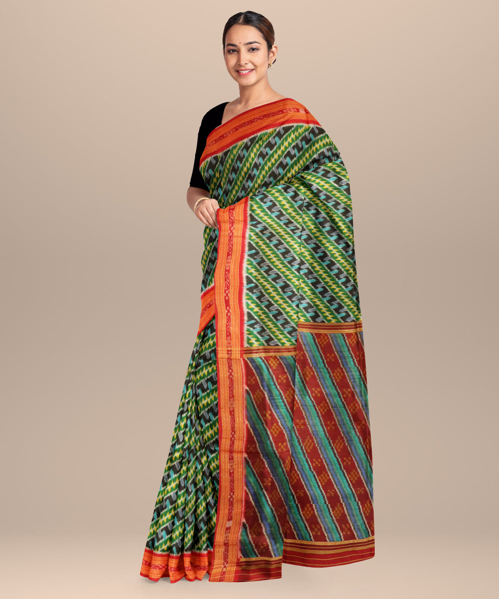 Dark green dark red handloom silk khandua saree