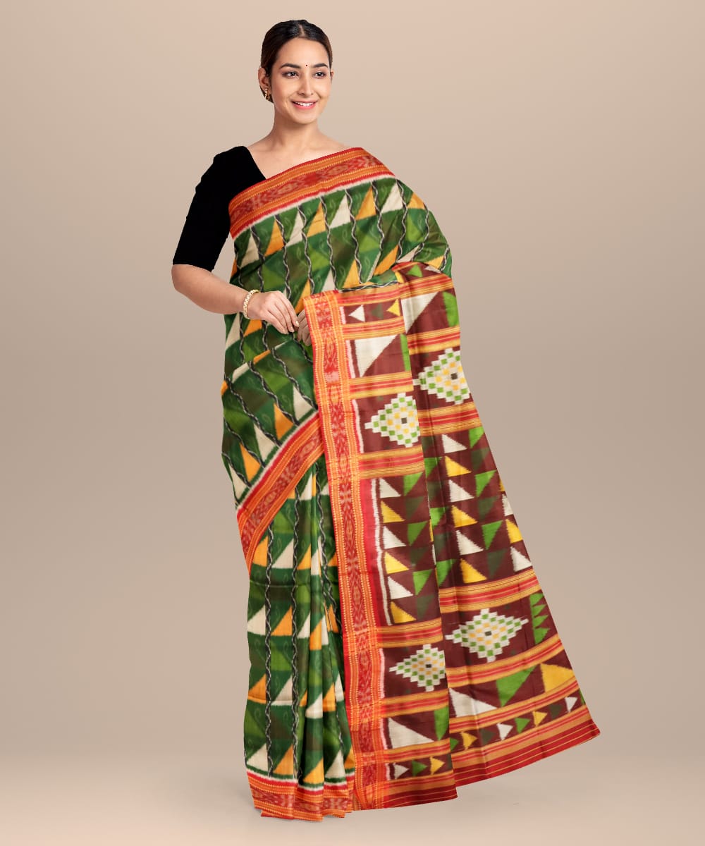 Dark green dark red silk handloom khandua saree
