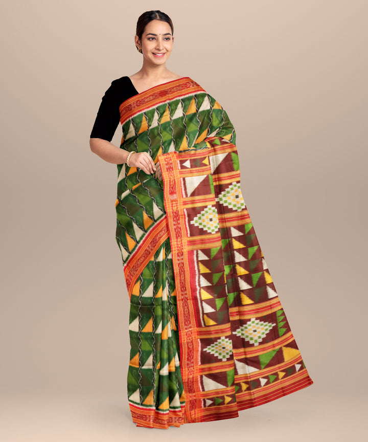 Dark green dark red silk handloom khandua saree