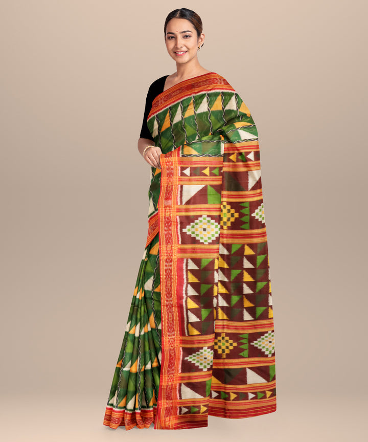 Dark green dark red silk handloom khandua saree