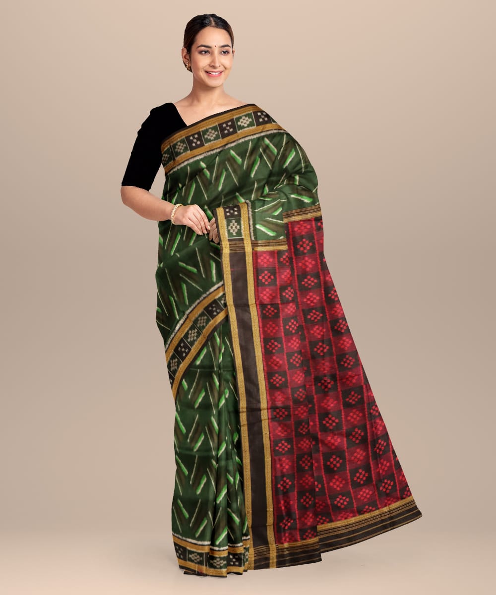 Dark green black silk handloom khandua saree