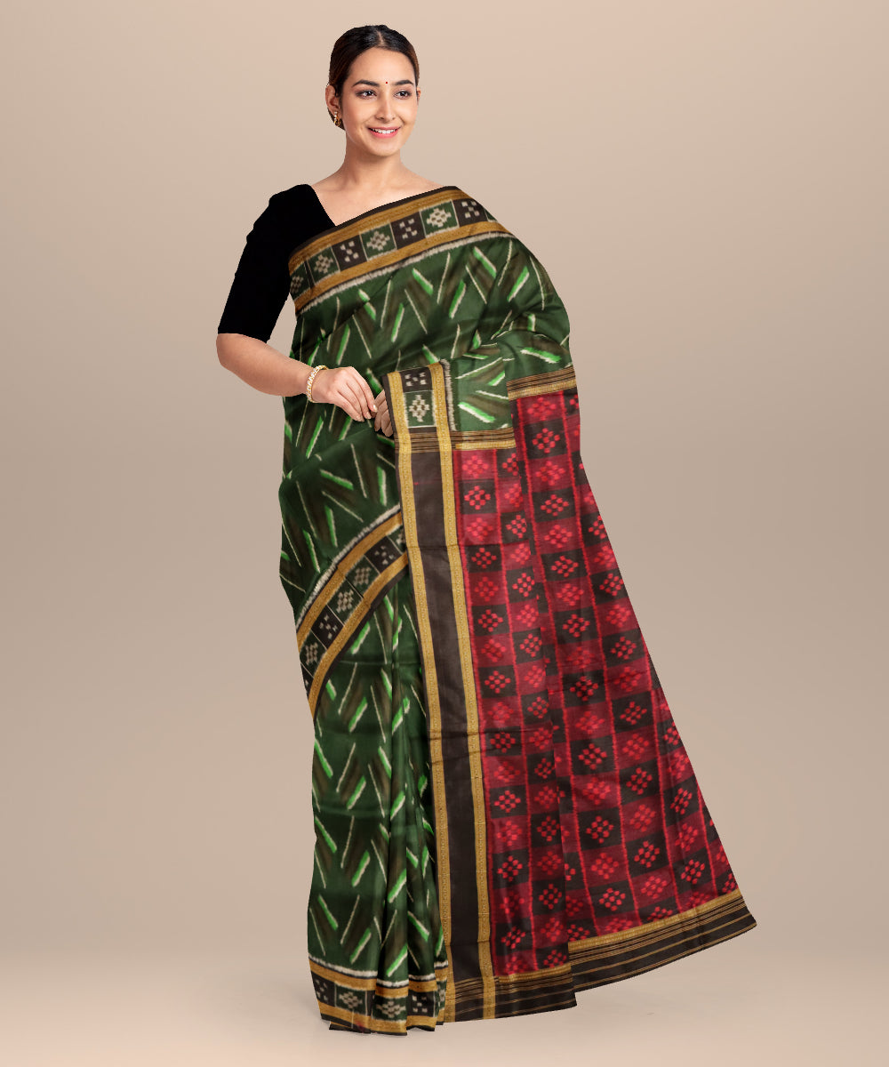 Dark green black silk handloom khandua saree