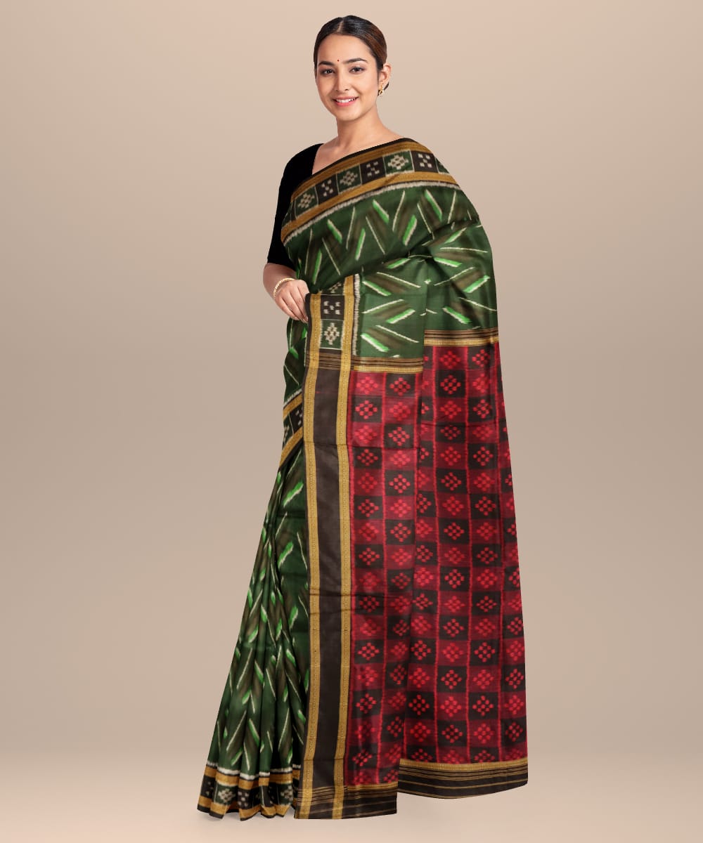 Dark Green Black Silk Handloom Khandua Saree