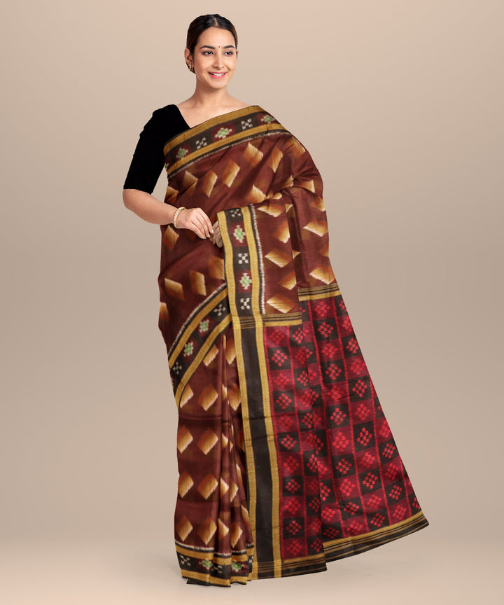 Deep tuscan red black silk handloom khandua saree
