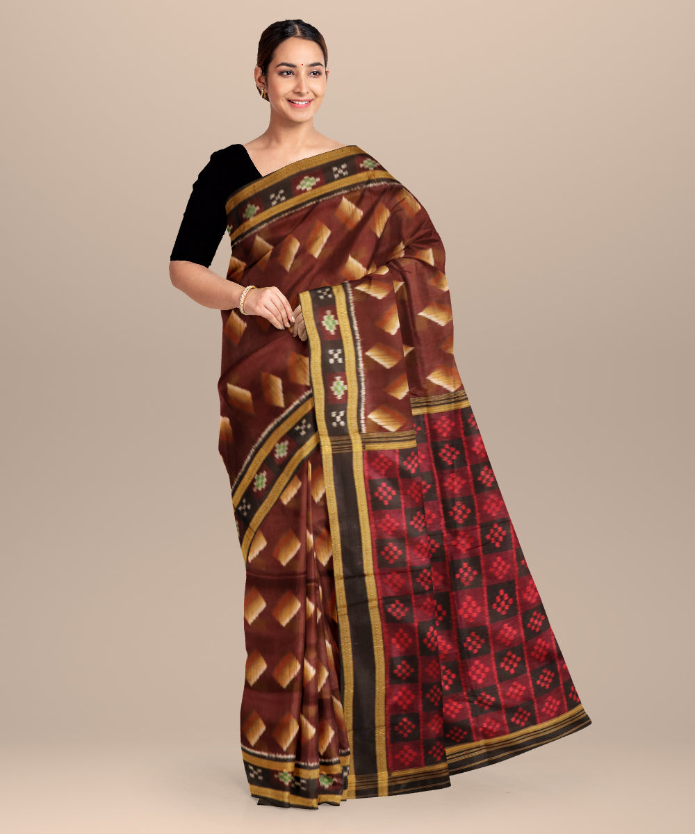 Deep tuscan red black silk handloom khandua saree