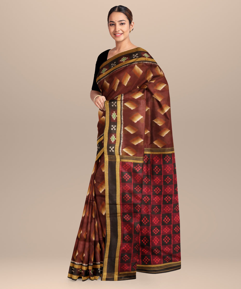 Deep tuscan red black silk handloom khandua saree