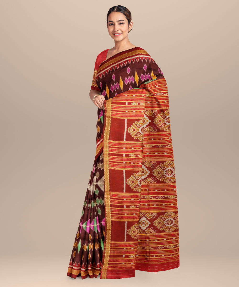 French puce bright maroon silk handloom khandua saree