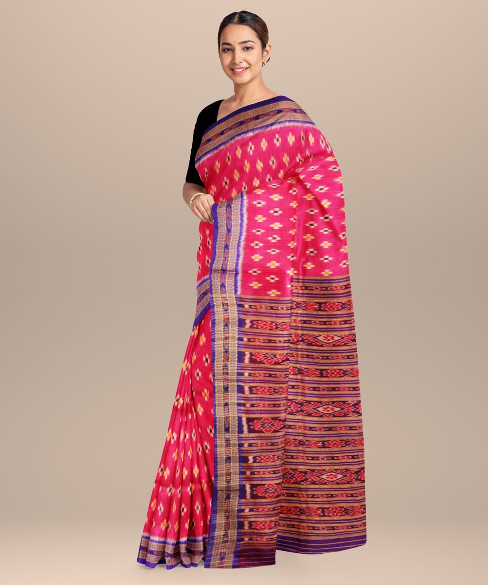 Pink Egyptian Blue Silk Handloom Khandua Saree
