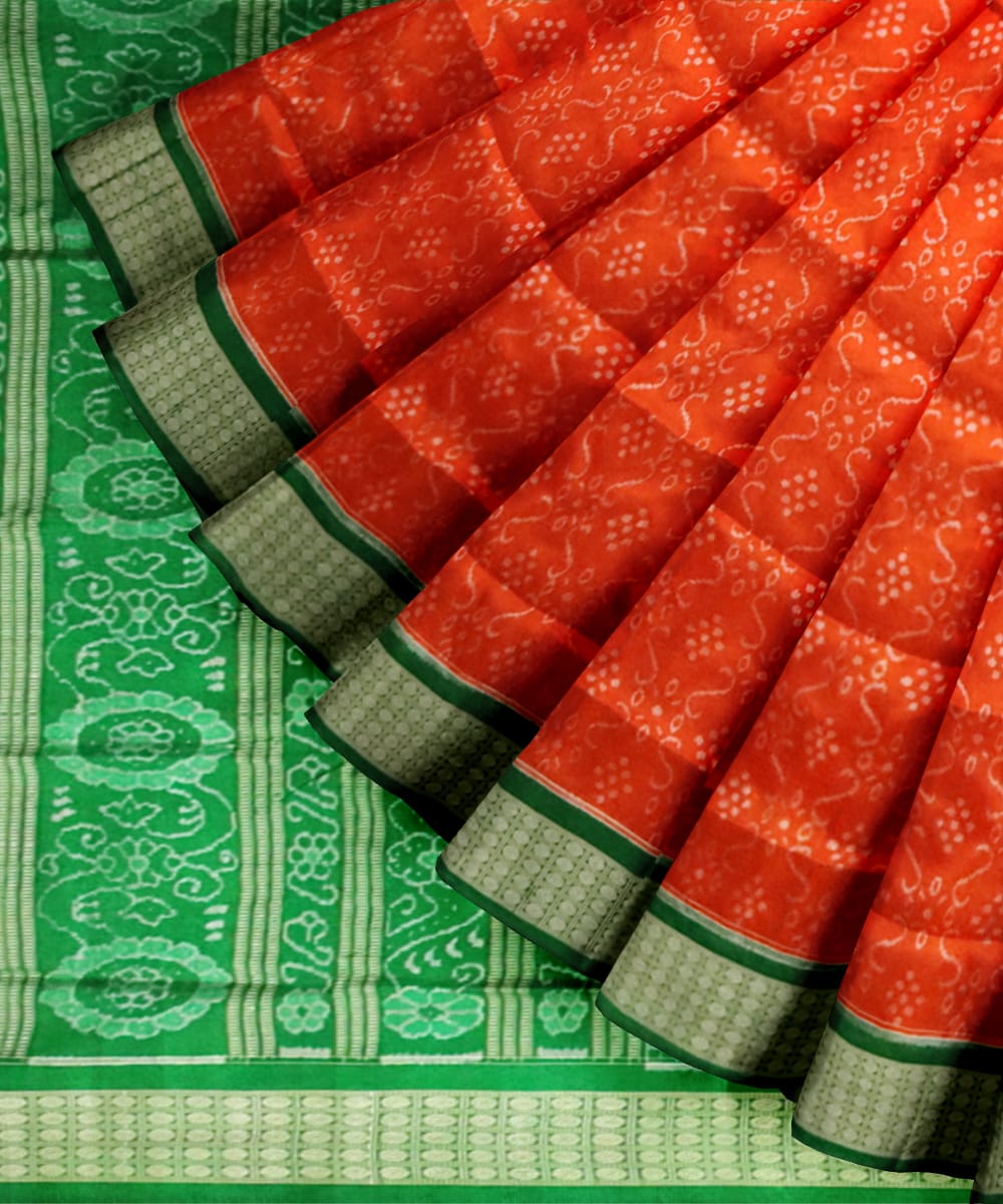 Orange Deep Moss Green Silk Handloom Sambalpuri Saree
