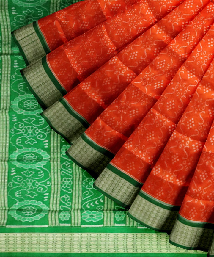 Orange Deep Moss Green Silk Handloom Sambalpuri Saree