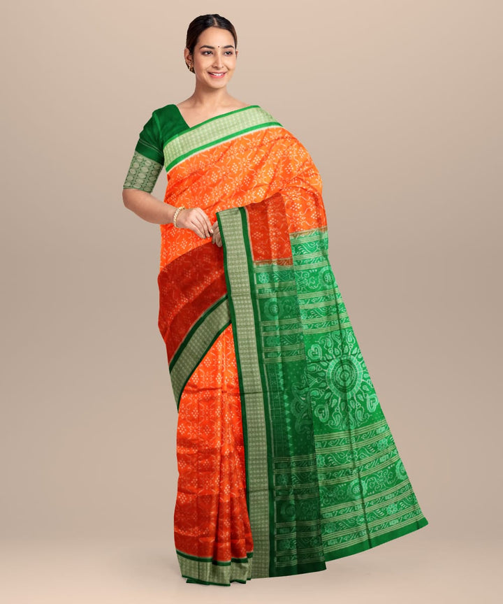 Orange Deep Moss Green Silk Handloom Sambalpuri Saree