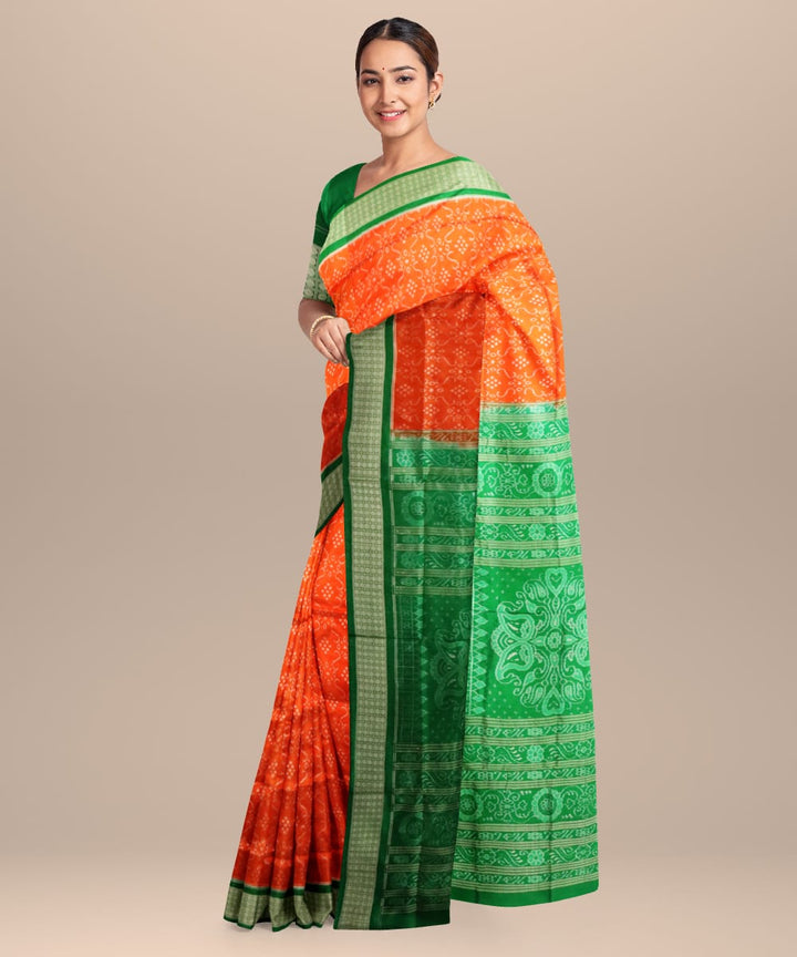 Orange Deep Moss Green Silk Handloom Sambalpuri Saree