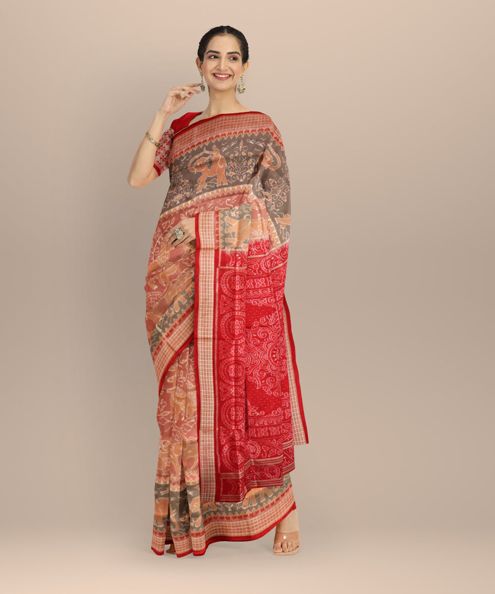 Beige maroon silk handloom sambalpuri saree