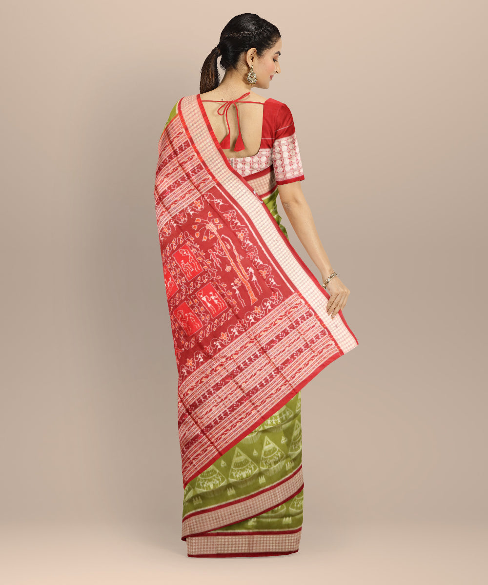 Cyan green carmine silk handloom sambalpuri saree