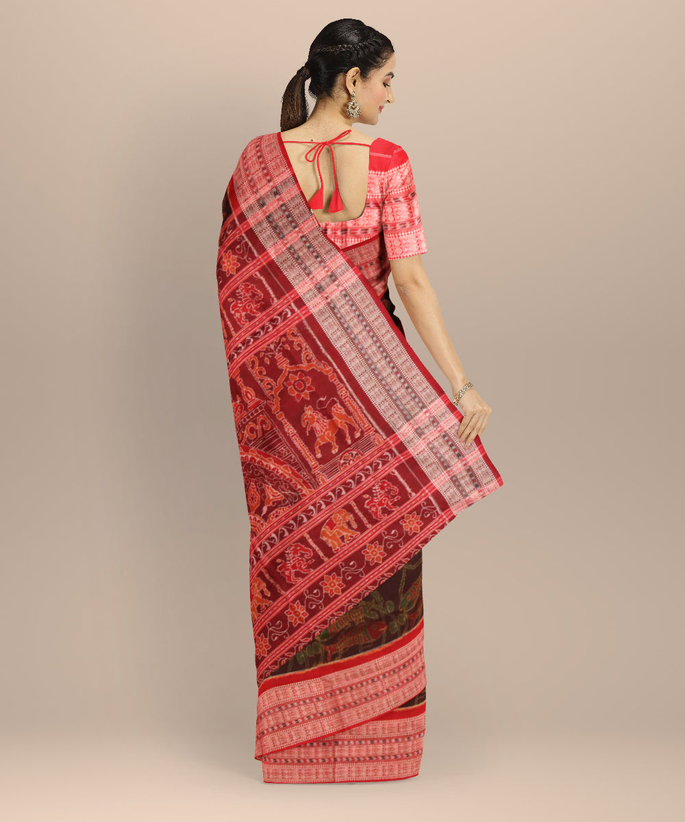 Maroon dark red cotton handloom sambalpuri saree