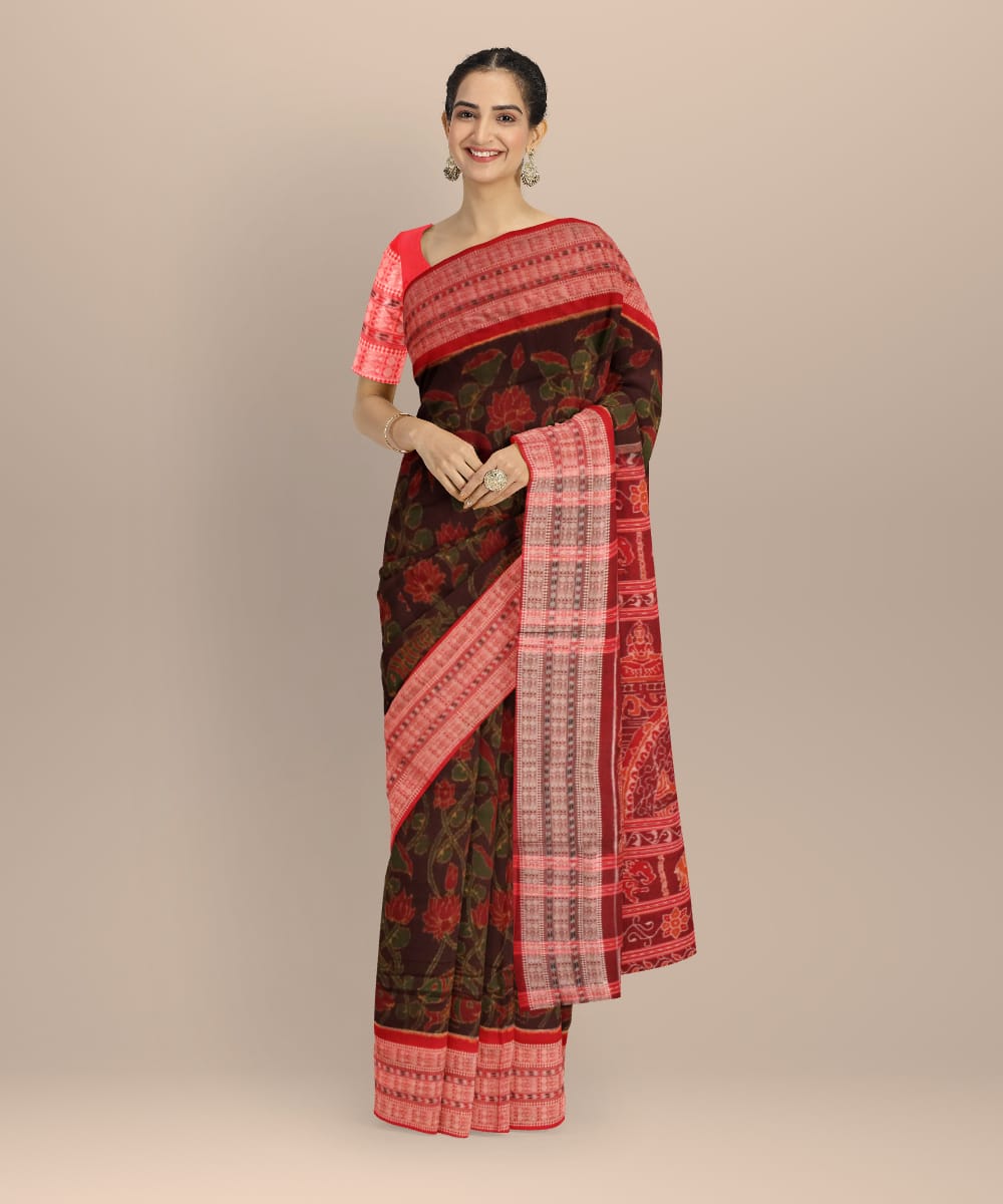 Maroon dark red cotton handloom sambalpuri saree