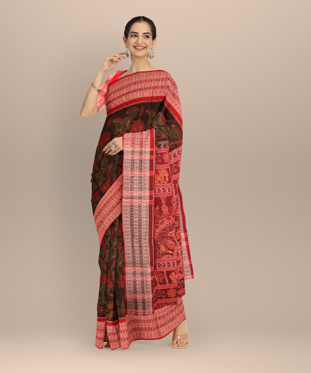 Maroon dark red cotton handloom sambalpuri saree
