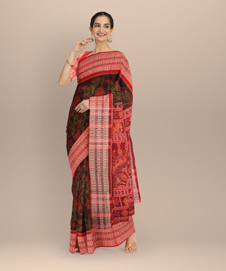 Maroon dark red cotton handloom sambalpuri saree