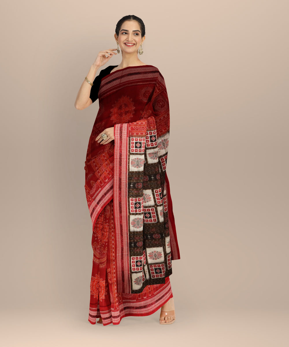 Multicolor dark red cotton handloom sambalpuri saree