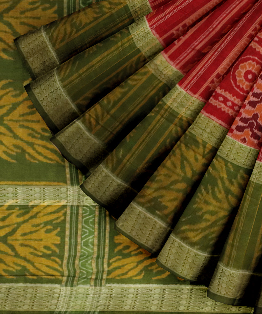 Red dark olive green cotton handloom sambalpuri saree