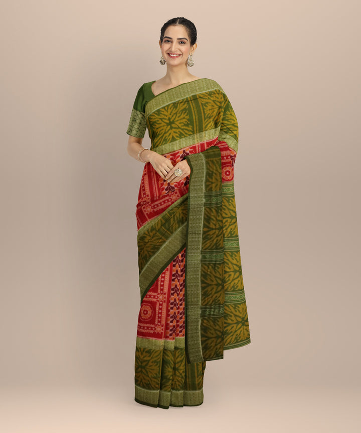 Red dark olive green cotton handloom sambalpuri saree