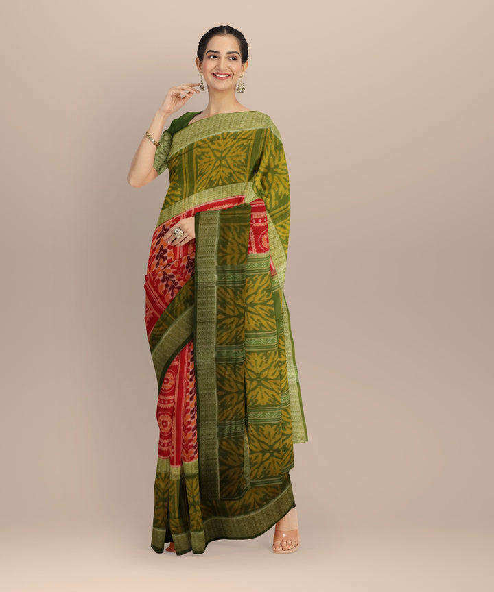 Red dark olive green cotton handloom sambalpuri saree