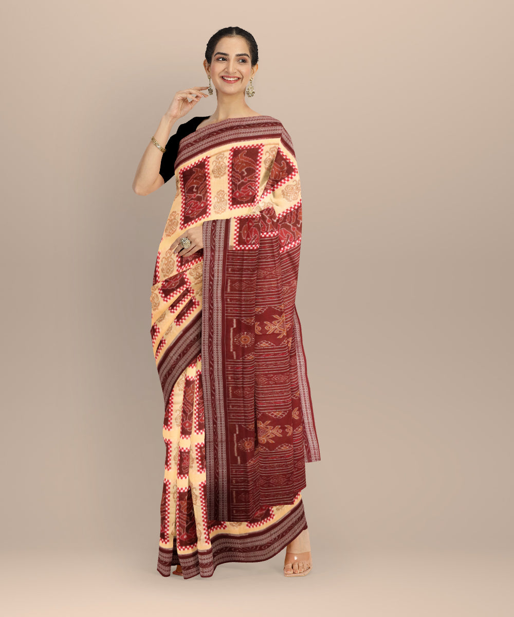 Yellow dark sienna cotton handloom sambalpuri saree
