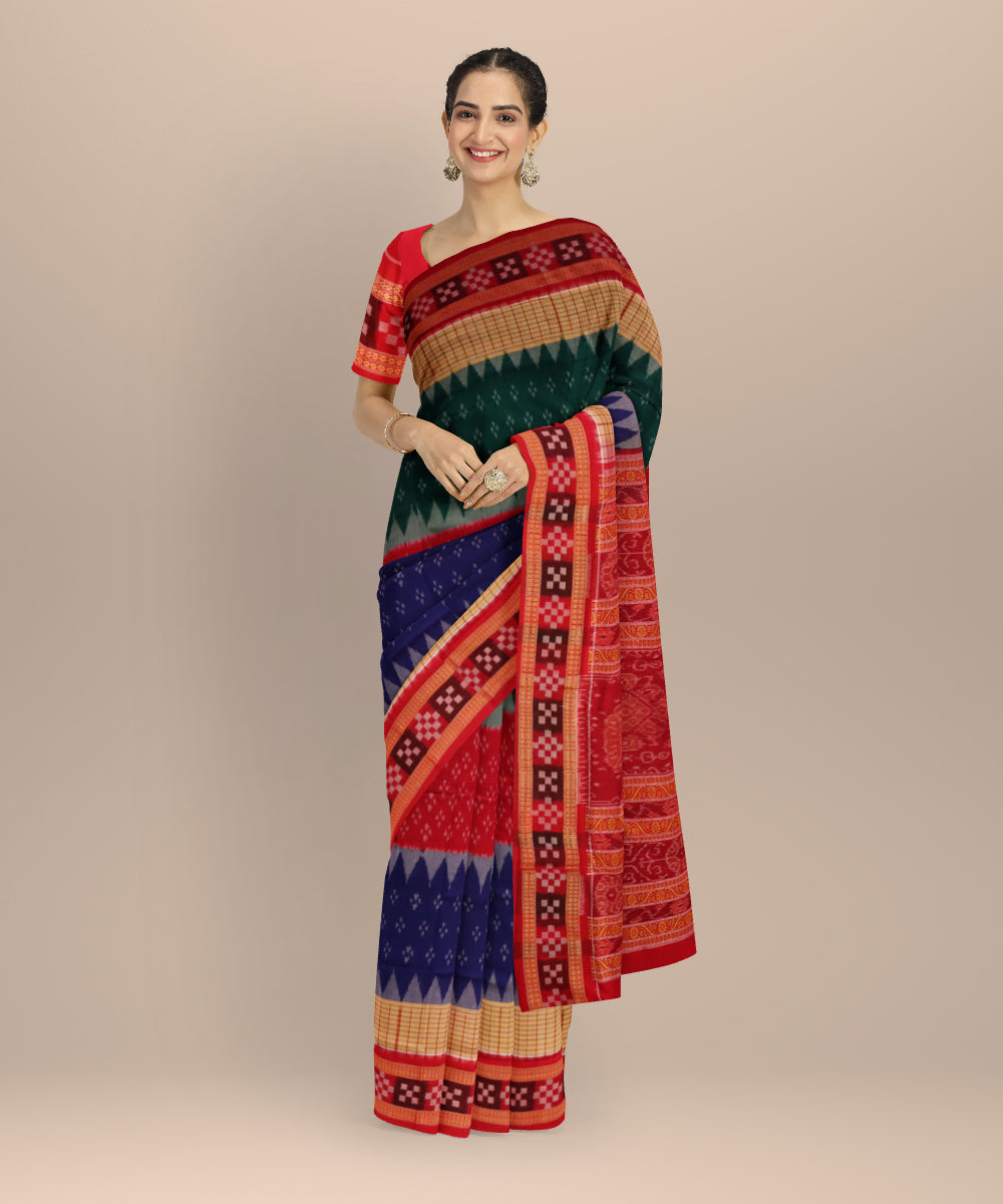 Multicolor dark red cotton handloom sambalpuri saree