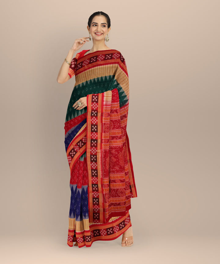 Multicolor dark red cotton handloom sambalpuri saree