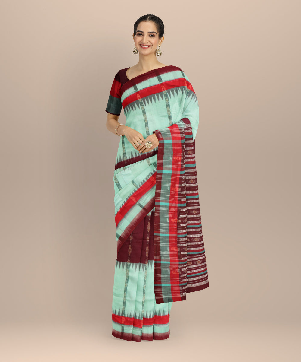 Sky blue dark sienna cotton handloom sambalpuri saree