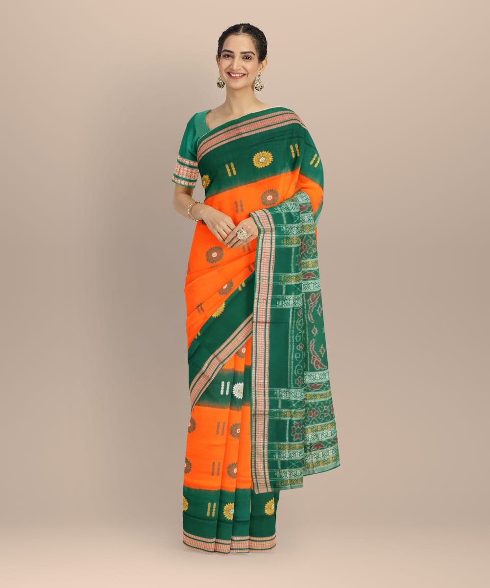 Orange dark green cotton handloom sonepur saree
